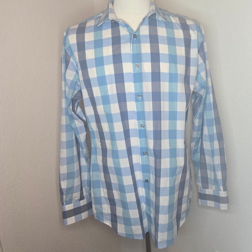 Alfani Slim Fit Stretch Gingham Check Long‎ Sleeve Dress Shirt Men's Large L